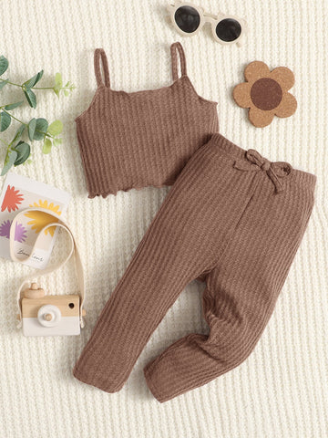 Baby Girl Waffle Knit Lettuce Trim Cami Top & Bow Front Pants