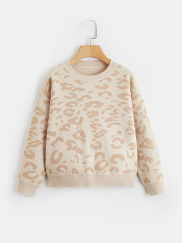 Tween Girl Leopard Pattern Drop Shoulder Sweater