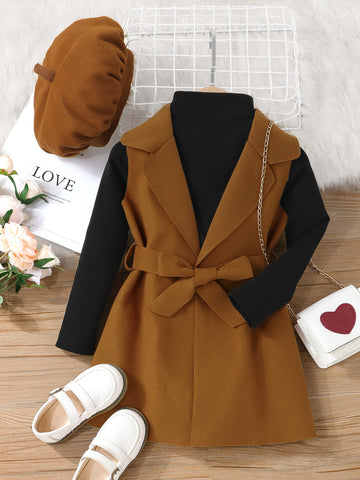 Young Girl Solid Tee & Belted Vest Coat