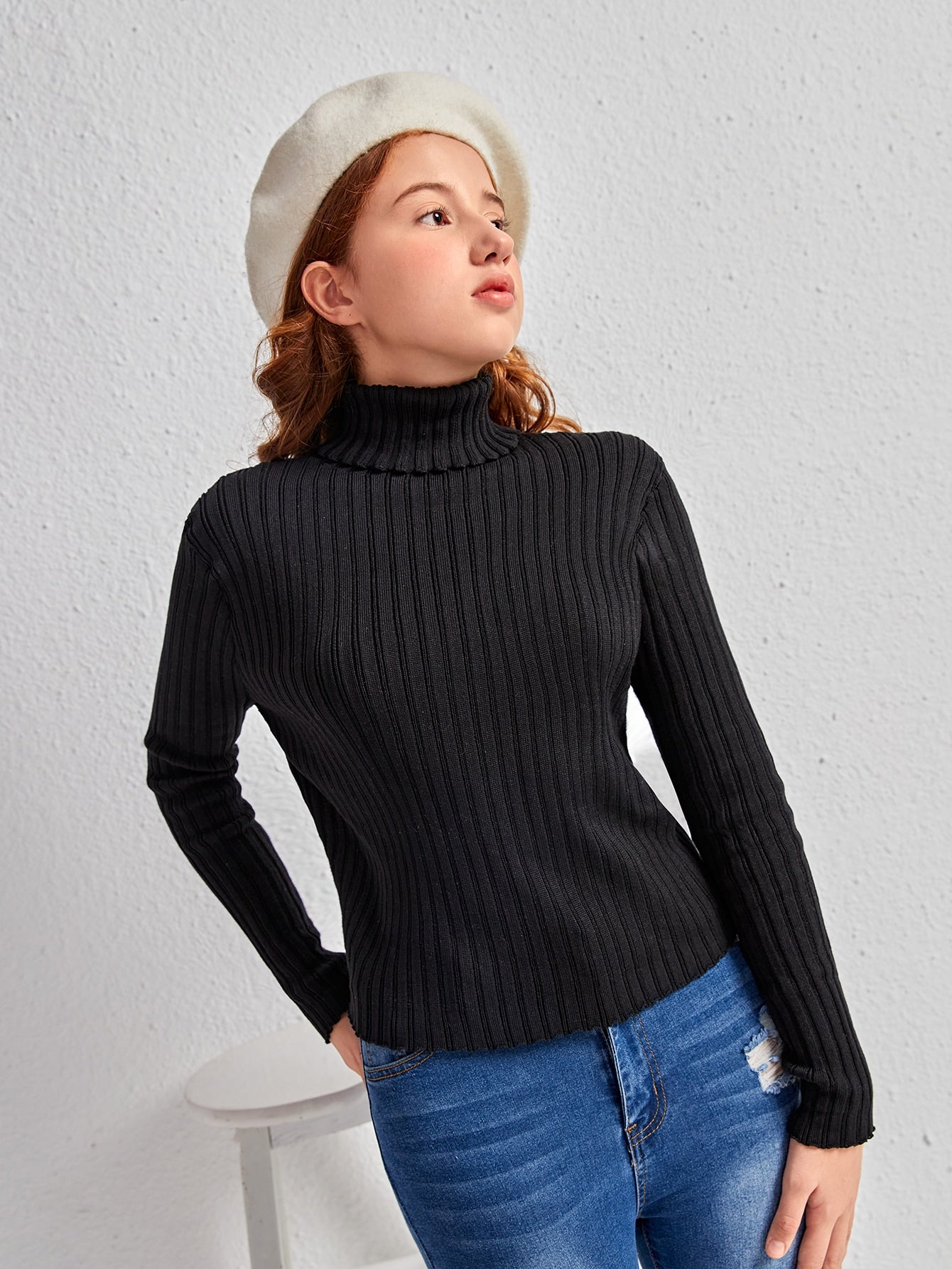 Teen Girls High Neck Ribbed Knit Sweater