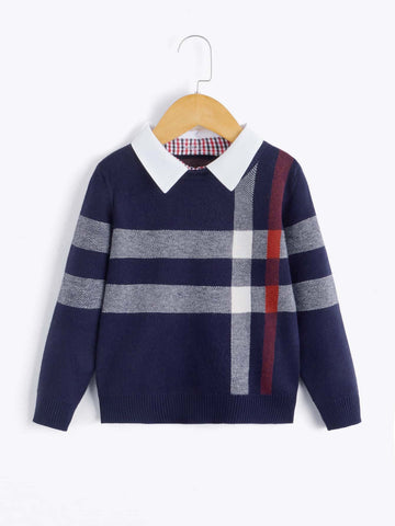 Young Boy Plaid Pattern Contrast Collar Sweater