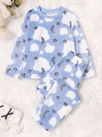Young Girls' Cloud, Stars, Moon Patterned Pajama Set For Home