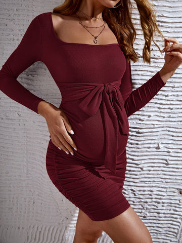 Maternity Square Neck Tie Front Ruched Bodycon Dress