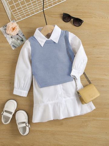 Young Girl Asymmetrical Vest & Ruffle Hem Shirt Dress