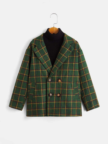 Boys 1pc Plaid Tweed Double Breasted Overcoat