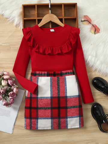 Tween Girl Ruffle Trim Tee & Plaid Print Skirt