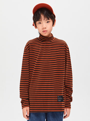 Tween Boys' Striped High Neck Thermal T-shirt With Long Sleeves For Autumn And Winter, Japanese-style