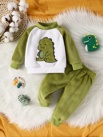 Baby Boy Dinosaur Embroidery Colorblock Raglan Sleeve Teddy Sweatshirt With Pants