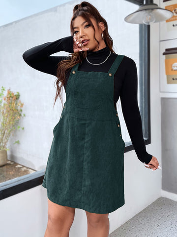 Plus Patched Pocket Corduroy Overall Dress Without Top