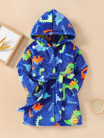 Boys Dinosaur Print Hooded Flannel Lounge Robe