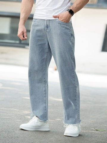 Men Cotton Raw Cut Straight Leg Jeans