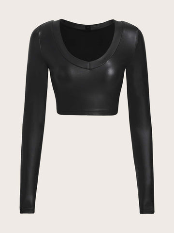 Solid PU Leather Crop Top