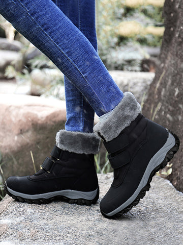 Women's Black Solid Color Snow Boots With Simple Hook & Loop Fastener, Comfortable And Warm