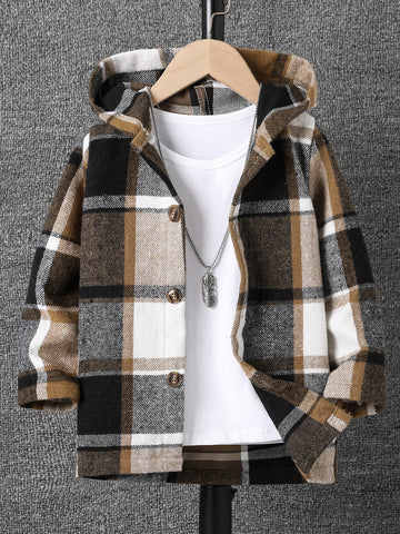 Young Boy Plaid Print Hooded Coat Without Tee
