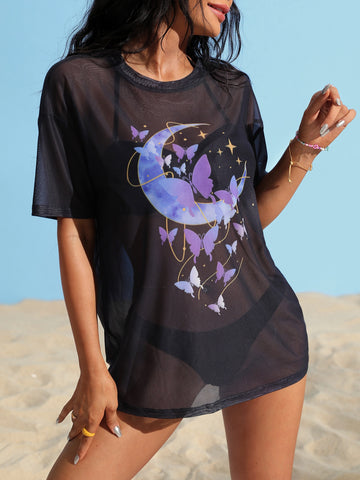 Summer Beach Butterfly & Moon Print Drop Shoulder Cover Up Without Bikini Set