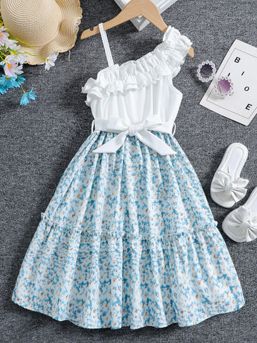 Girls Ditsy Floral Asymmetrical Neck Ruffle Trim Belted Dress