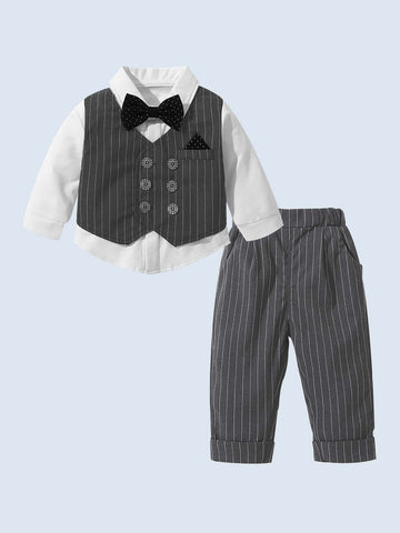Baby Boy Pinstriped Bow Front 2 In 1 Shirt & Pants