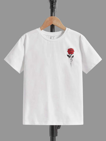 Summer Casual Round Neck Short Sleeve Tween Boy's Rose Print T-Shirt