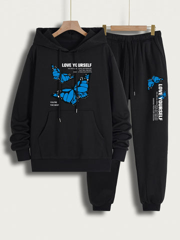 Men Slogan And Butterfly Print Drawstring Thermal Lined Hoodie & Sweatpants