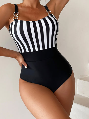 Summer Beach Striped Print Chain Linked One Piece Swimsuit