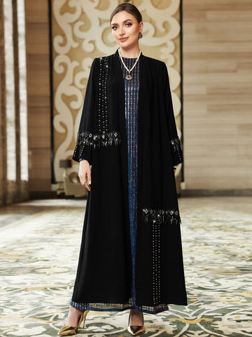 Geo Print Studded Detail Open Front Abaya