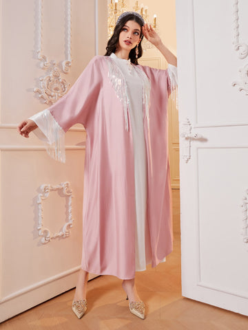 Button Half Dress & Batwing Sleeve Contrast Fringe Abaya Set