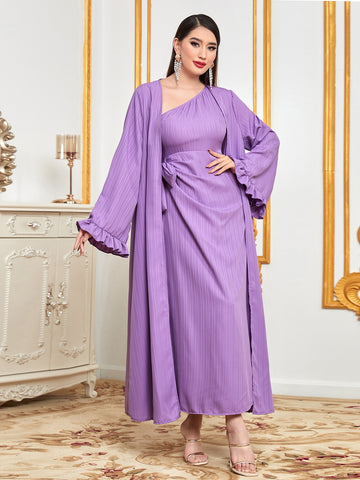 Flounce Sleeve Open Front Abaya & Knot Side Dress