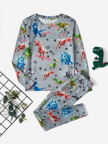 Tween Boys' Casual Dinosaur Family Printed Round Neck Pullover Sweatshirt And Pants Snug Fit Homewear Set, Knit 2pcs