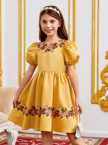 Girls Puff Sleeve Floral Applique Detail Bow Back Dress