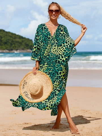 Leopard Print Batwing Sleeve Cover Up