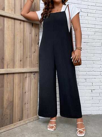 Plus Solid Wide Leg Overall Jumpsuit Without Tee