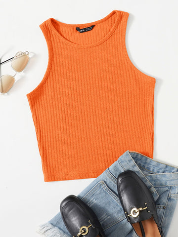Neon Orange Solid Rib-knit Tank Top