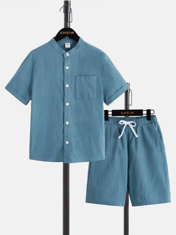 Tween Boy Solid Button Front Shirt & Drawstring Waist Shorts