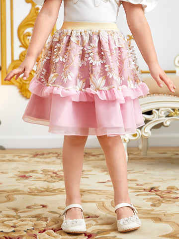 Toddler Girls 1 PC Floral Print Ruffle Trim Mesh Overlay Skirt
