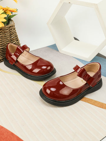 Girls Bow Decor Round Toe Flats, Fashion Outdoor Burgundy Ankle Strap Flats