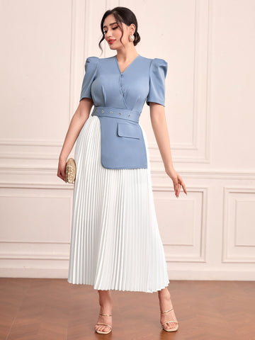 Two Tone Puff Sleeve Pleated Hem Belted Dress