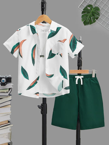 Tween Boy Leaf Print Shirt & Drawstring Waist Shorts Without Tee