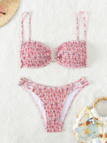Summer Beach Ditsy Floral Print Smocked Bikini Swimsuit