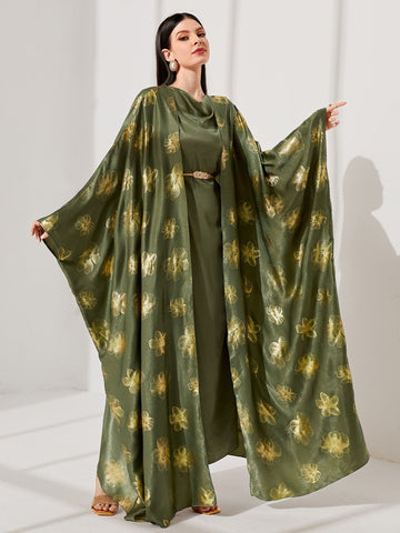 Gold Floral Print Batwing Sleeve Open Front Abaya With Dress