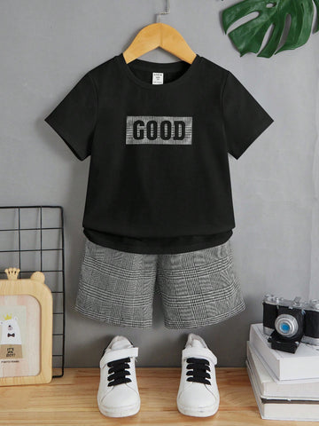 Young Boy Letter Graphic Tee & Houndstooth Print Shorts