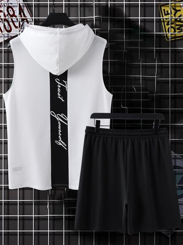 Men Letter Graphic Hooded Tank Top & Shorts