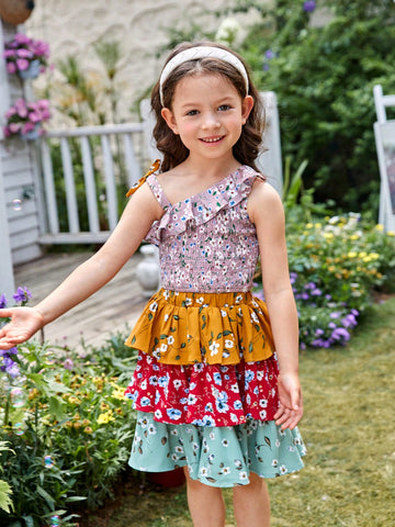 Toddler Girls Floral Print Ruffle Trim Top & Layer Hem Skirt