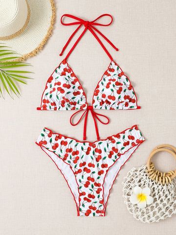 Summer Beach Cherry Print Halter Triangle Bikini Swimsuit
