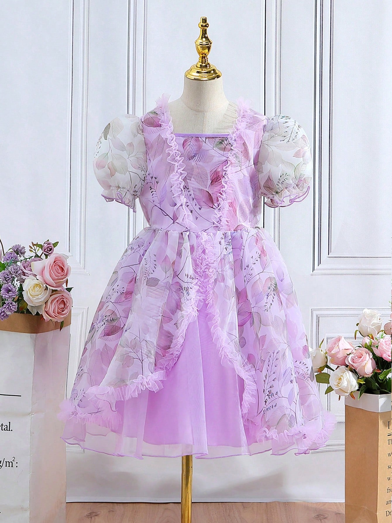 Tween Girls Floral Print Puff Sleeve Organza Overlay Dress