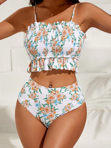 Summer Beach Floral Print Smocked Ruffle Hem Bikini Swimsuit