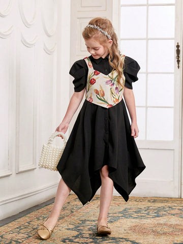 Girls Solid Puff Sleeve Hanky Hem Dress & Floral Print Cami Top