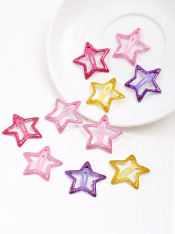 10pcs Toddler Girls Glitter Star Design Cute Snap Clip For Hair Decoration