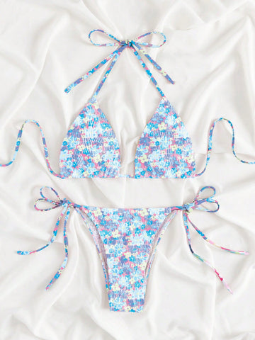Summer Beach Floral Print Halter Triangle Tie Side Bikini Swimsuit