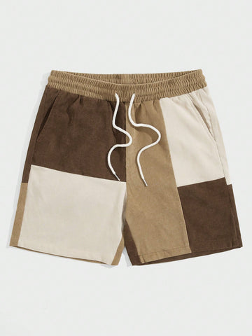 Loose Fit Men's Color Block Drawstring Waist Corduroy Shorts