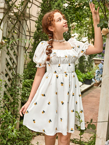 Teen Girls Embroidery Floral Pattern Ruched Bust Puff Sleeve Dress